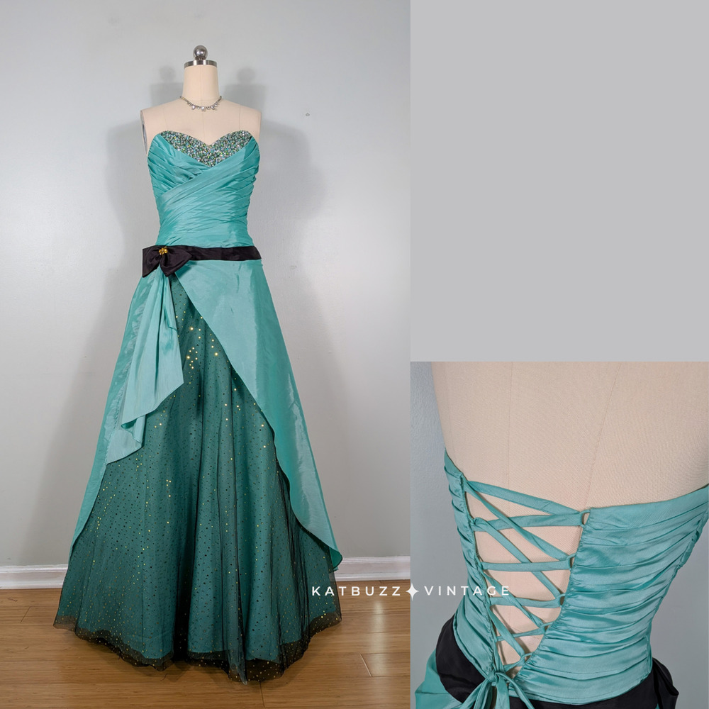 Vintage Alyce Prom Dress Maxi Gown 10 Green Black Y2K Coquette Princess Bow Glam